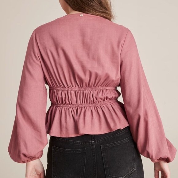 Dusty Rose Puff Sleeve tie front linen blend Women's Top size 12P - Picture 2 of 8